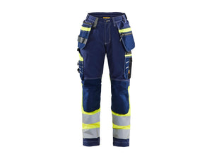 Women's Hi-vis Work Trousers with Stretch - Navy Blue/Hi-vis yellow - 10R