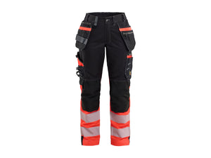 Women's Hi-vis Work Trousers with Stretch - Black/Red hi-vis - 10R