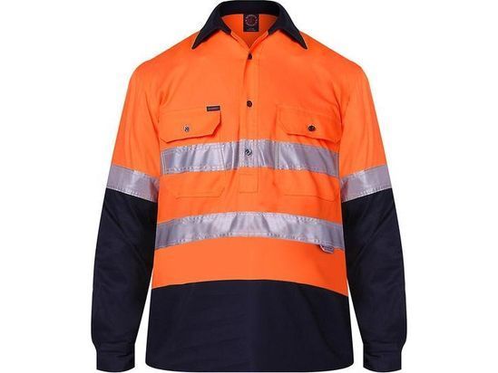 Ritemate Cotton Closed Front Long Sleeved Work Shirt with 3M tape (Non ISO 20471) - RM107VCFR - Orange/Navy